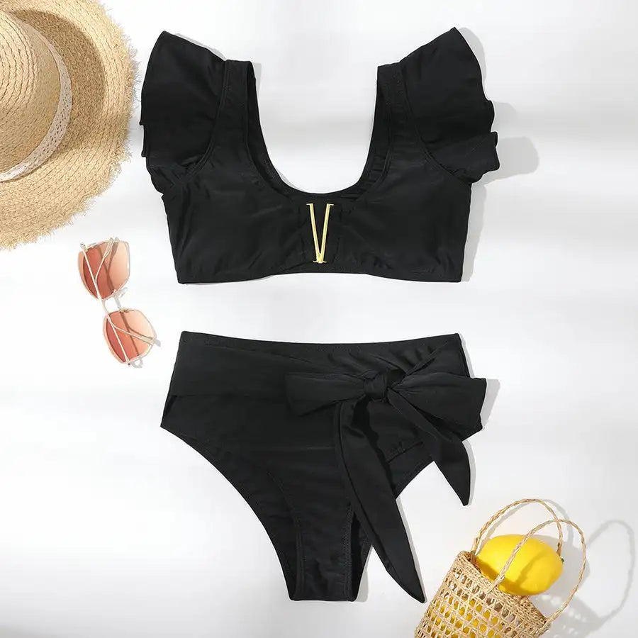Monochrome Ruffle Bikini Set For Women Black High Waist Swimwear 2023 Fashion 2 Piece Beach Exit Backless Luxury Biquini