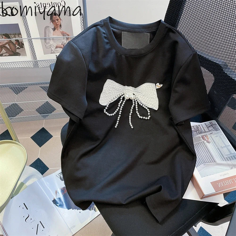 Beads Bow Ropa Mujer Round Neck Short Sleve Clothes Contrast Women Clothing Sweet Embroidery Tops Summer 2025 New Camisetas