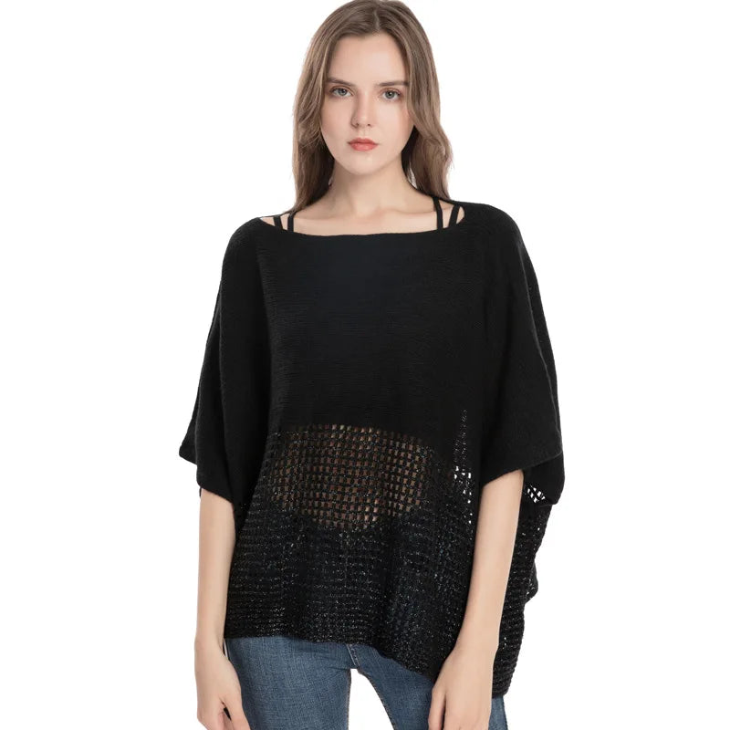 Women Spring Autumn Shawl Lady Knit T-shirt Hollow Out Wrap Solid Color Pullover Loose Sweater Fall Poncho Wholesale Drop Ship
