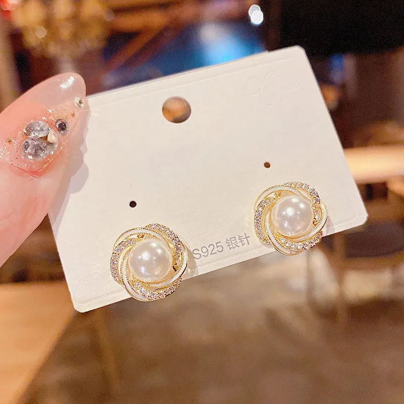 925 Silver Needle Korean Fashion Crystal Pearl Earrings For Women Jewelry 2024 Trending New Red Green White Flower Stud Earrings
