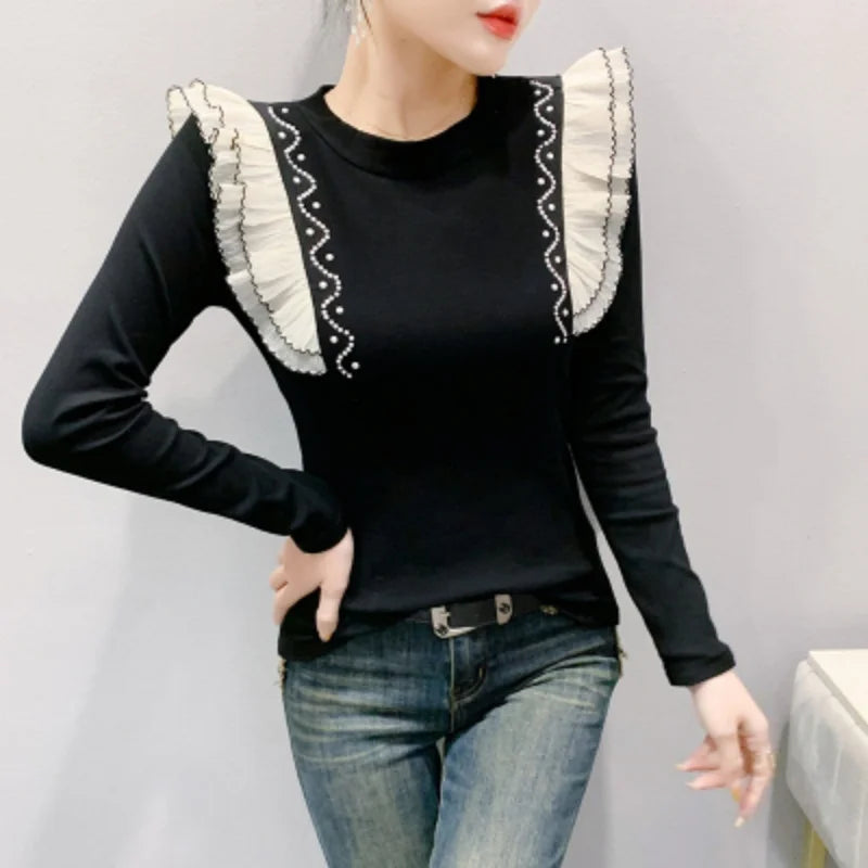 2025 New European Clothes Women Cotton T-shirt Chic O-Neck Patchwork Ruffles Diamonds Beading Tops Spring Long Sleeve Tees