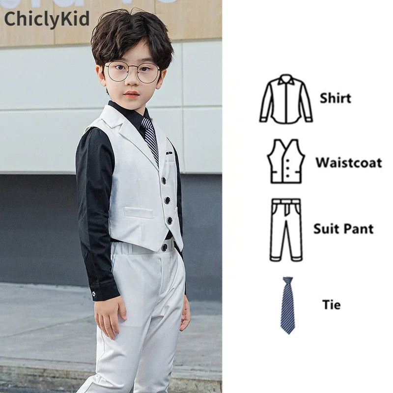 Boy Plaid Vest Blazer Kids Waistcoat Wedding Clothes Set Toddler Formal Dress Suit Child Brooch Shirt Pant Baby Gentlemen Outfit
