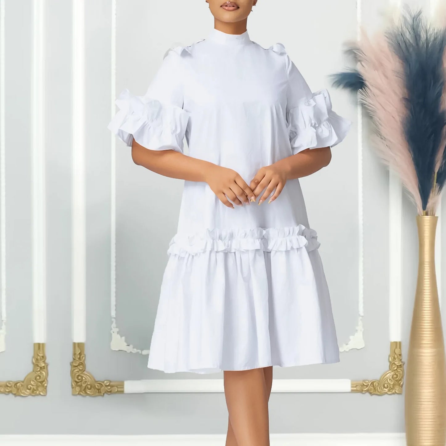 FairyShely Solid 2025 Verge Short Sleeve Plus Size Dress Women Large Loose Big Folds Dresses Lady Summer Party Tight Curvy Dress