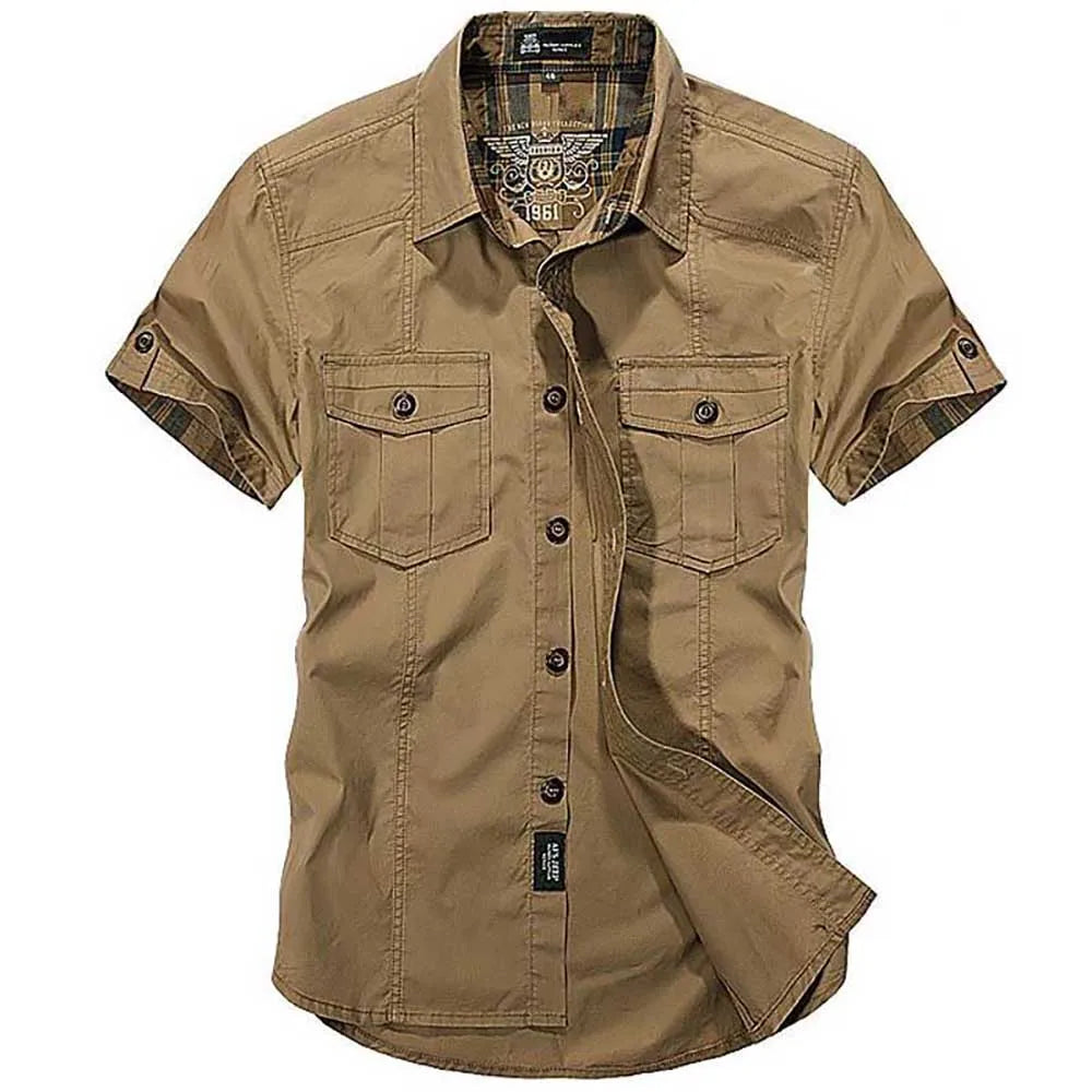 Summer Cotton Casual Shirts Men Loose Shirts Short Sleeve Turn-down Collar Military Style Male Tops mon