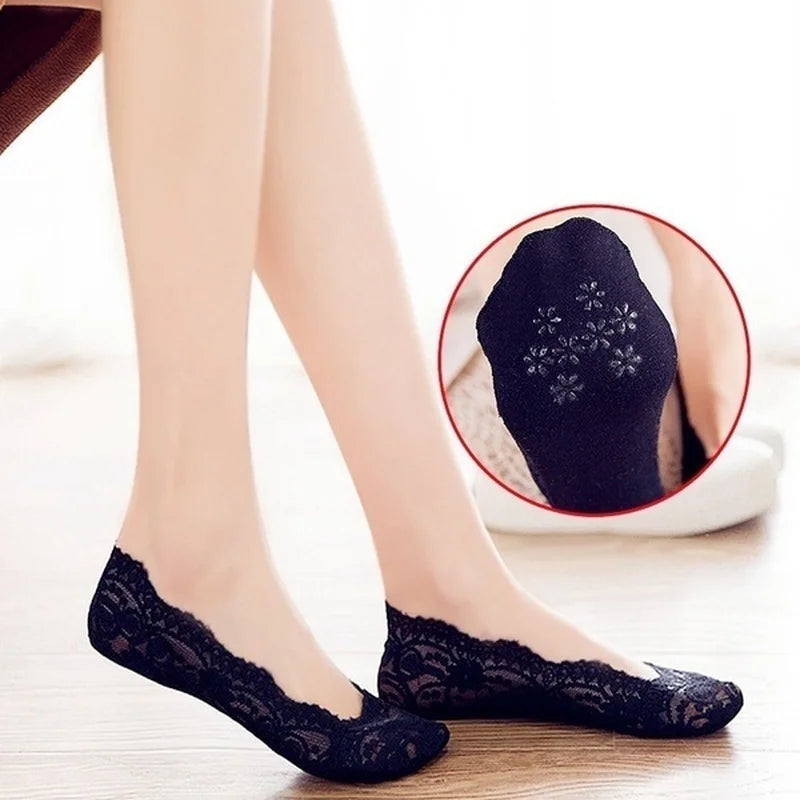 5pairs Summer Women Girl Silica Gel Lace Boat Socks Invisible Cotton Sole Non-slip Antiskid Slippers Anti-Slip Short Ankle Socks