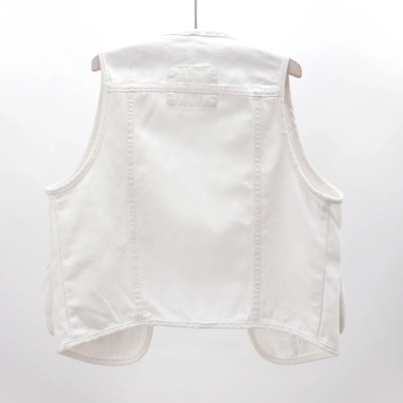 Summer Korean clothes White Denim Vest Women Cardigan Waistcoat Loose Short Big Pocket Sleeveless Jacket Jeans Vests Female Streetwear