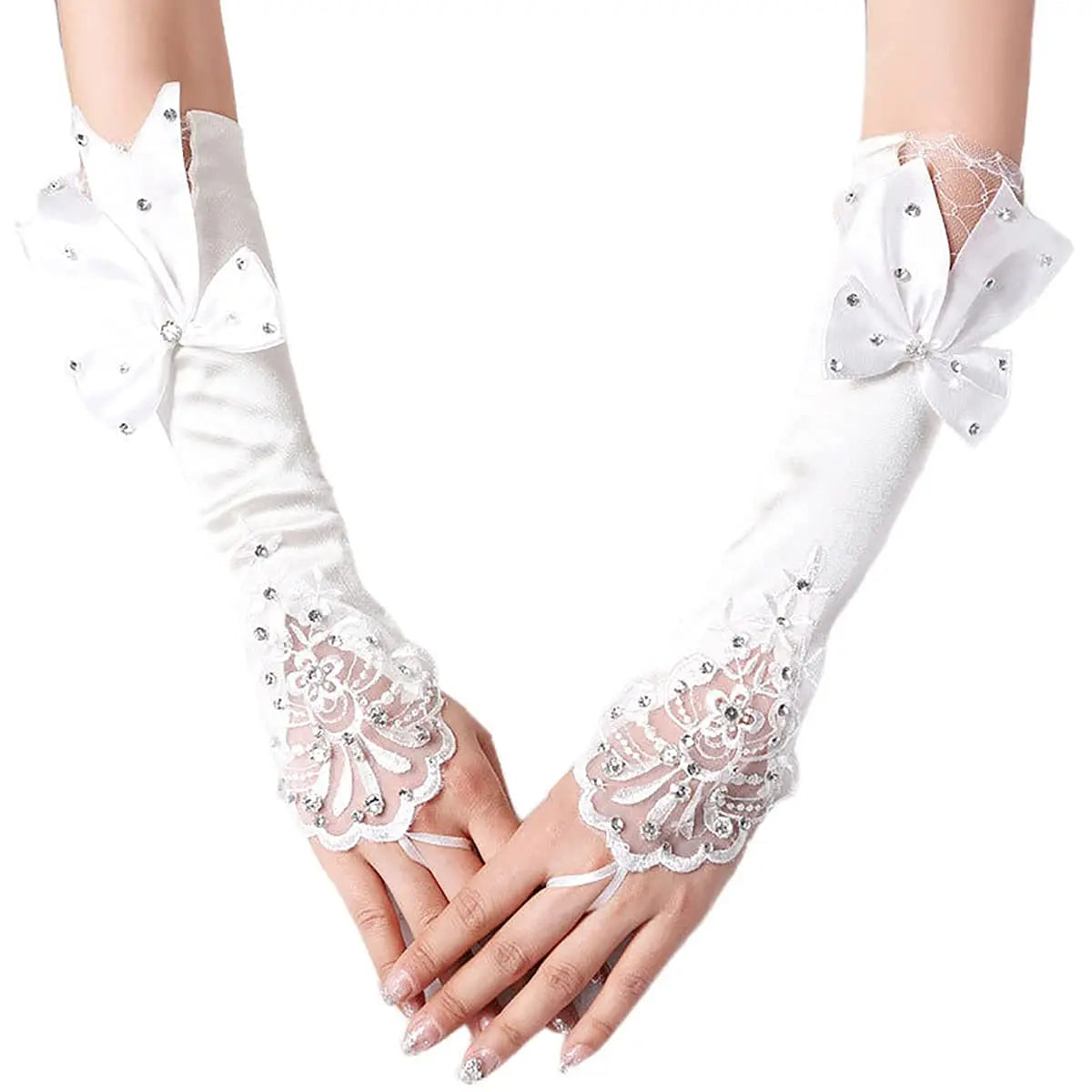 Elbow Length Fingerless Satin Embroidery Beads Bridal Wedding Gloves Tea Party Luva De Noiva Cosplay Bridal Accessories