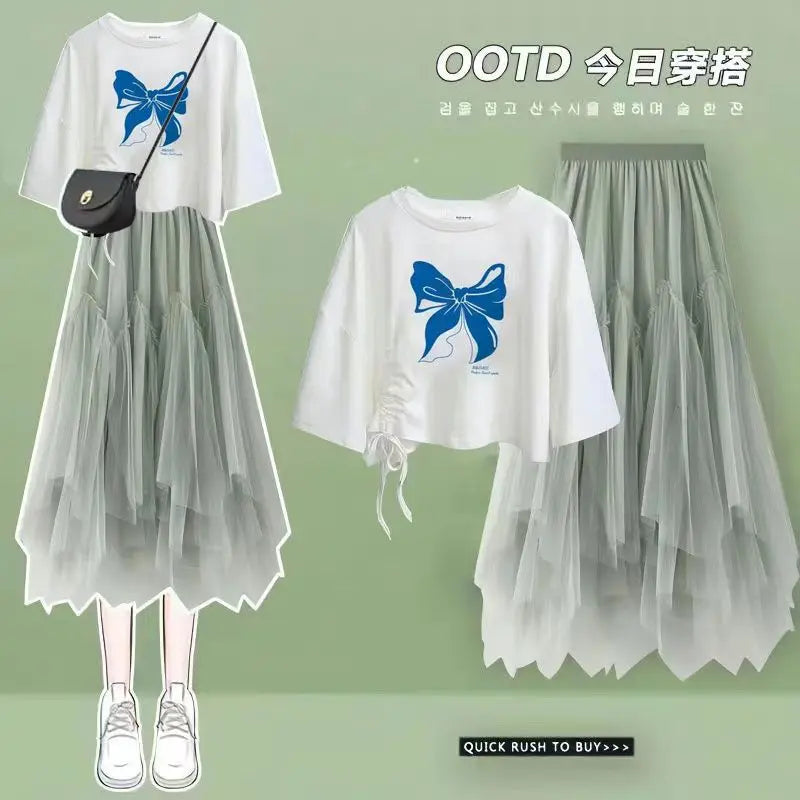2024 Summer New Korean Elegant Cute Short Sleeved T-shirt+Mesh Midi Skirt Two Piece Suit Women's Loose Top Dress Matching Set
