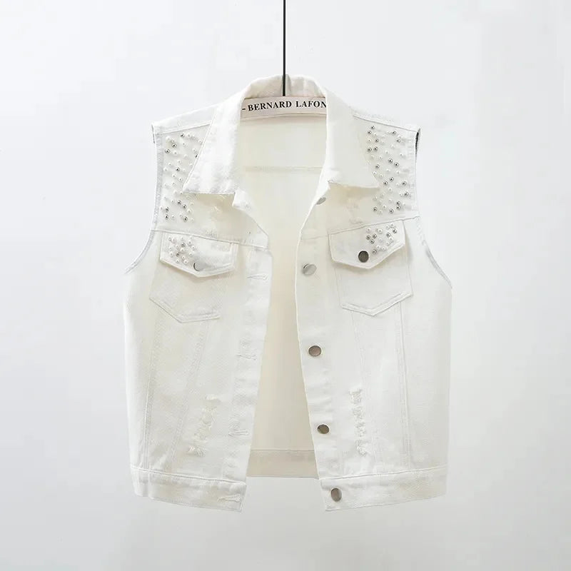 2025 clothes New Vintage Hole Sleeveless Jean Waistcoat Short Jacket Female Outerwear Spring Autumn Denim Vest Women Clothes