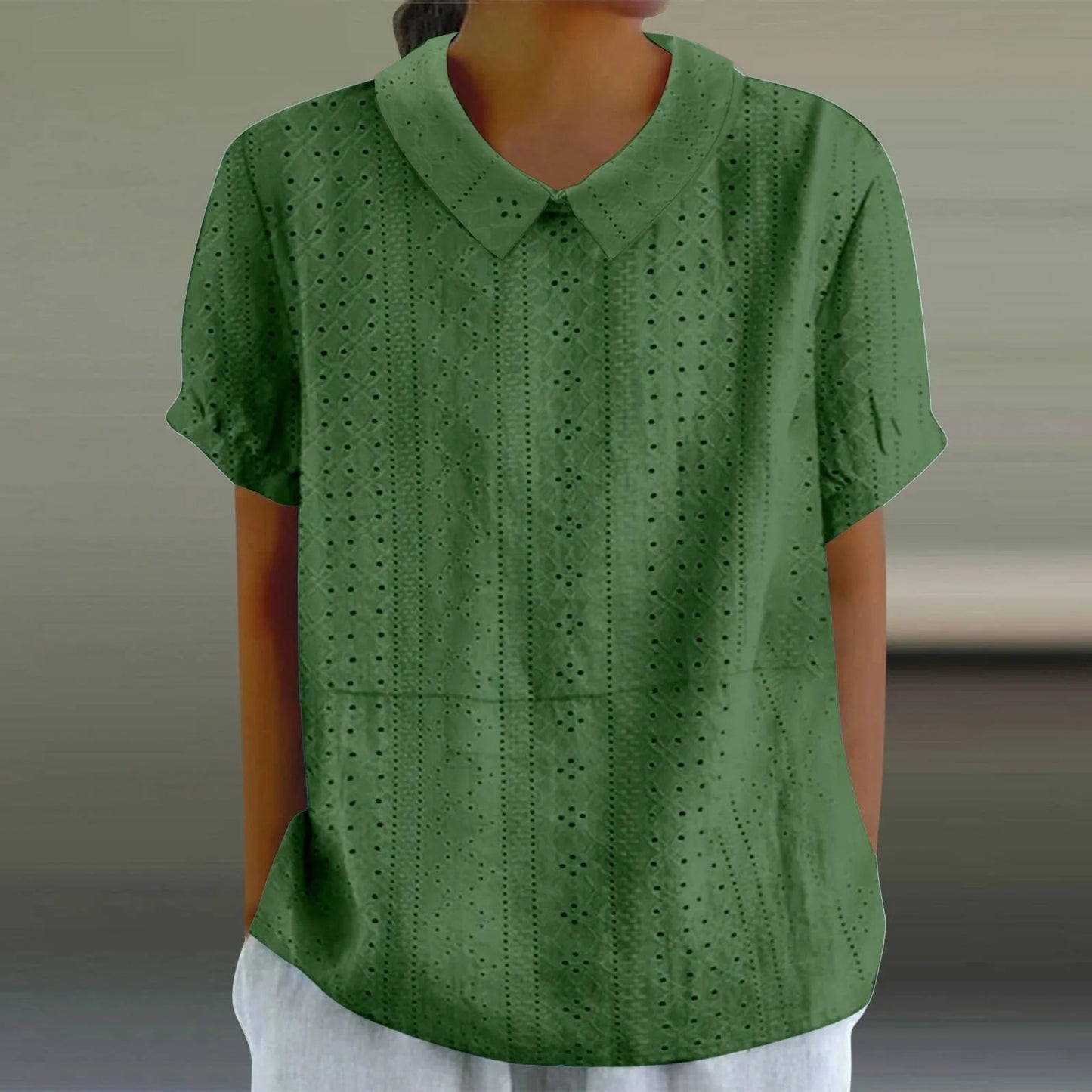 Elegant Hollow Turn-Down Collar Blouse Shirt Top Button Short Sleeve Women Blouse Casual Summer Fashion Female Tops