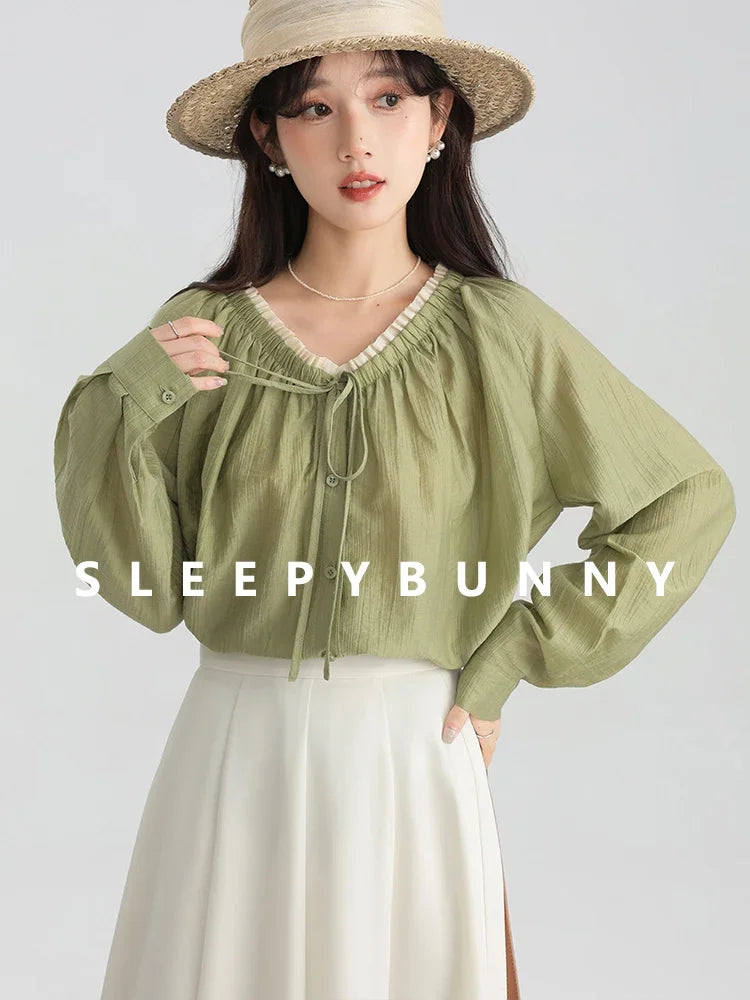 French Style V-Neck Long Sleeve Women Blouse Spring Casual Loose Fit Elegant Tops Petite Friendly Lightweight Versatile Shirt