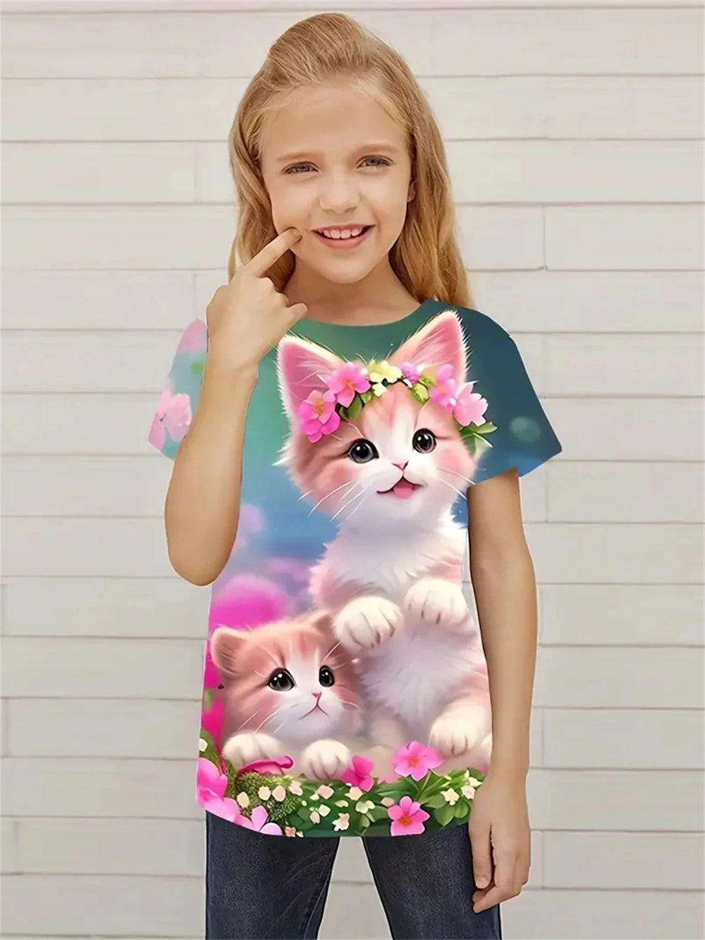 New Girl Garden Cats 3D Printing Short Sleeve T-Shirt Trendy Novelty Tees For Kids Party Fun Daily T Shirt Girls Tops Clothing