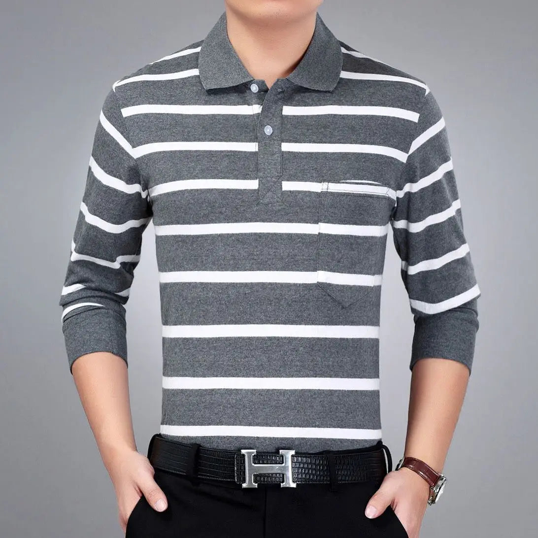 Spring Summer T Shirt for Men Cotton V-Neck Long Sleeve Pockets Comfortable Casual Striped Pullover Formal Clothes