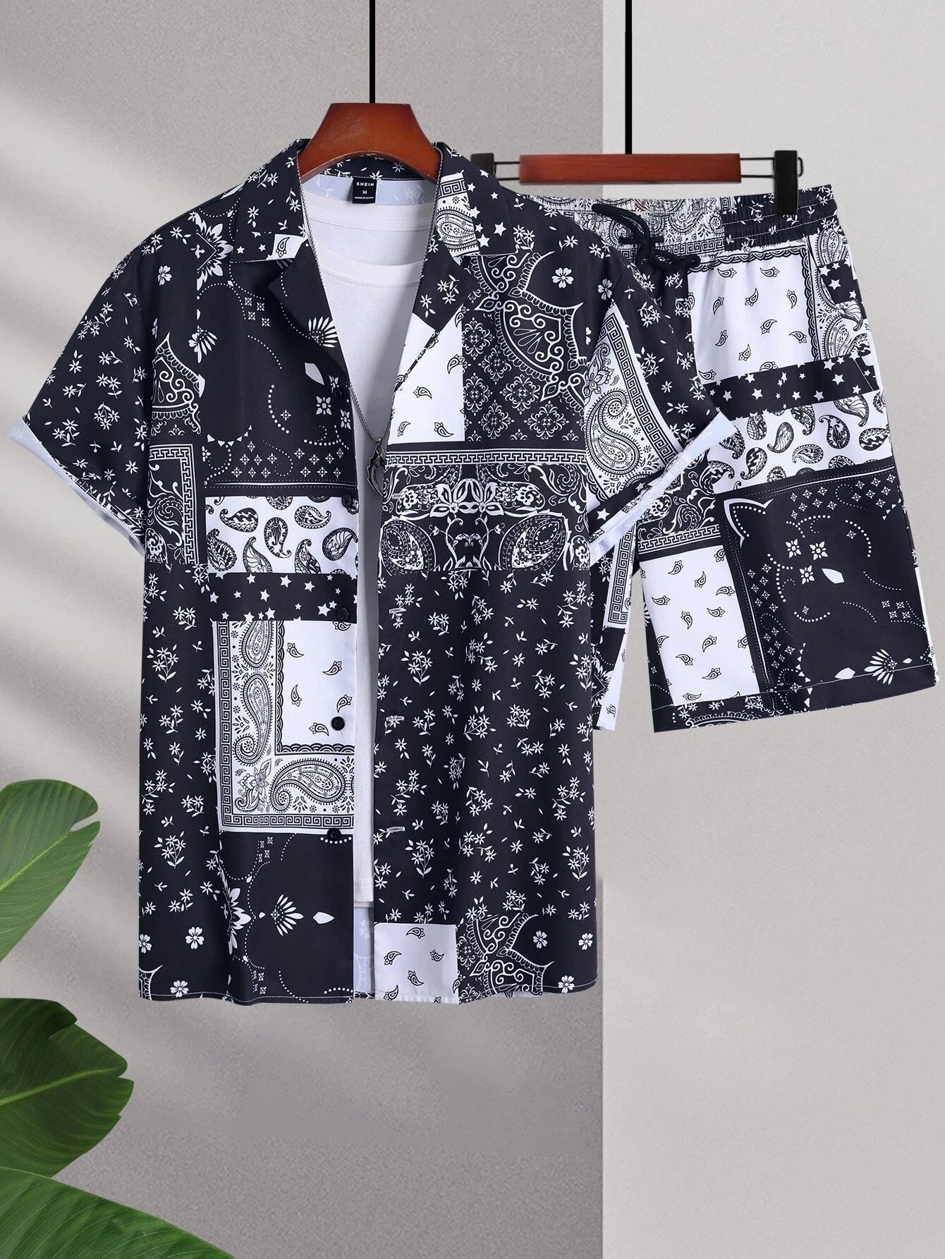 Hawaiian Flamingo Strip Printed Set Casual Streetwear Button Short Sleeve Shirt, Two-piece mon