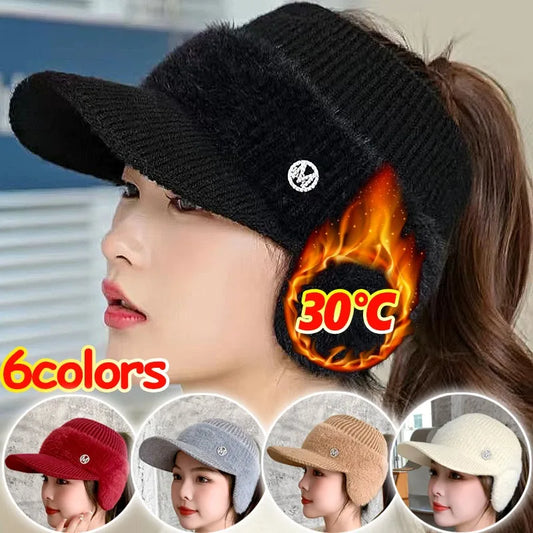 Autumn Winter Hollow Top Knitted Woolen Bomber Hat Ear Protection Thickened Warm Women's Fashion Baseball Hat Knitted Woolen Cap