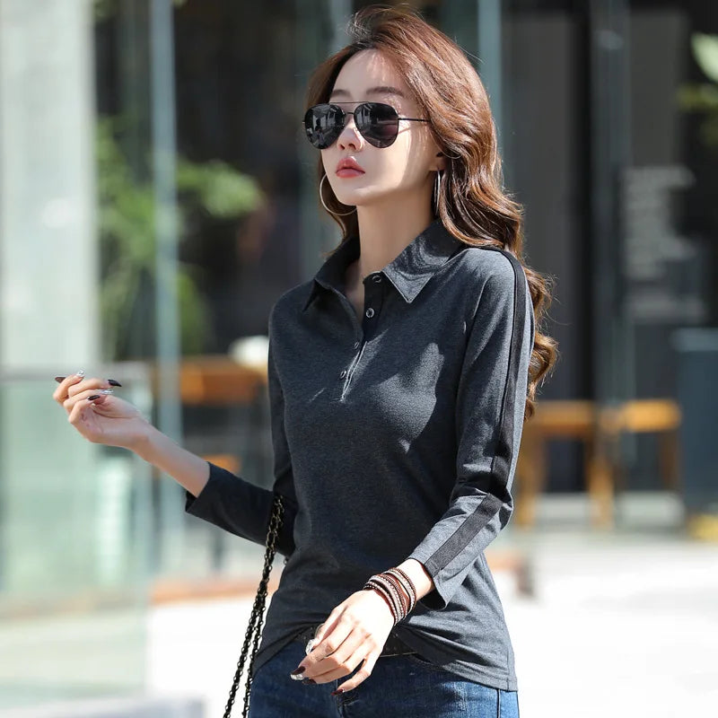 HI-FASHION Women Cotton Shirt Korean Casual Office Female Blouse Tops Spring Lapel temperament Long Sleeve Slim woman tshirt