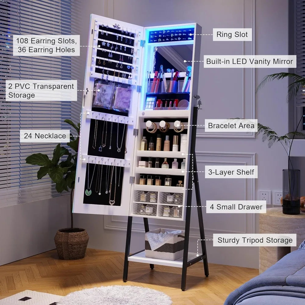 RGB LED Full Length Mirror with Storage for Jewelry, Lockable. home improvement decoration