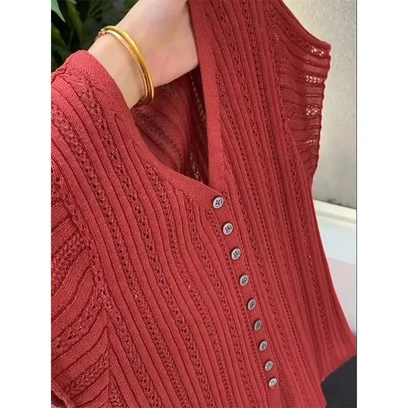 Summer Women Clothing Cardigans T-Shirts Solid V-Neck Hollow Out Fashion Versatile Loose Short Sleeve Linen Knitted Casual Tops clothes