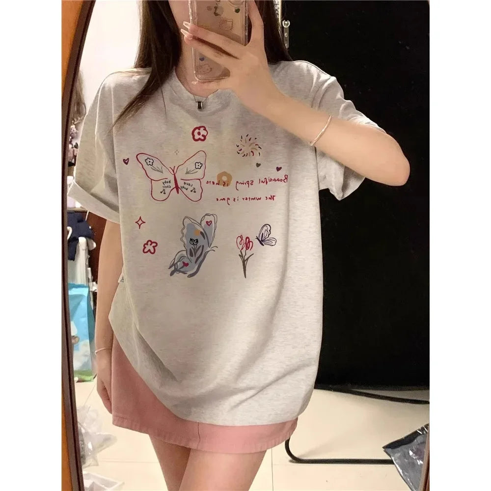 2025 New Arrival clothes Simple Style Women's Summer Loose Casual Round Neck Niche Top T-Shirt Print Butterfly Ladies Clothes T-shirts
