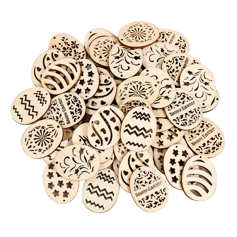25/50Pcs Easter Eggs Wooden DIY Craft Hanging Ornaments Hollowed Wood Chips Happy Easter Party Decorations For Home Kids Gift