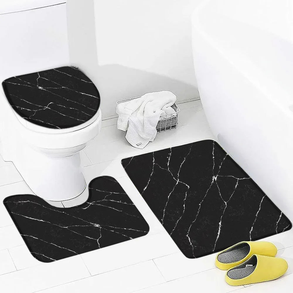 Black Marble Shower Curtain Set White Lines Cracked Pattern Modern Geometric Bathroom Decor Non-slip Rug Bath Mats Toilet Cover home improvement