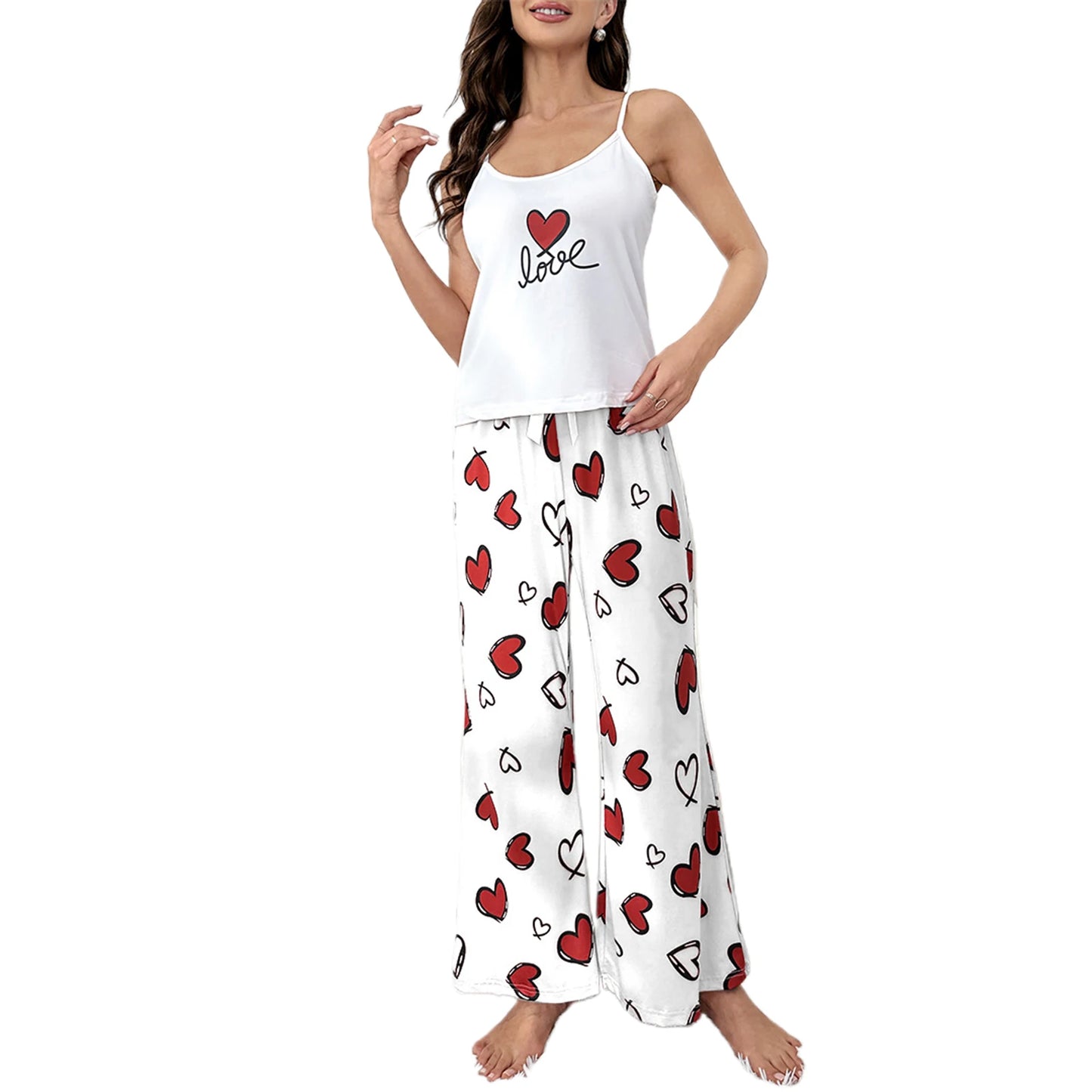 Women s Valentine s Day Loungewear Set Heart Print Cami Tops with Elastic Waist Long Pants Sleepwear