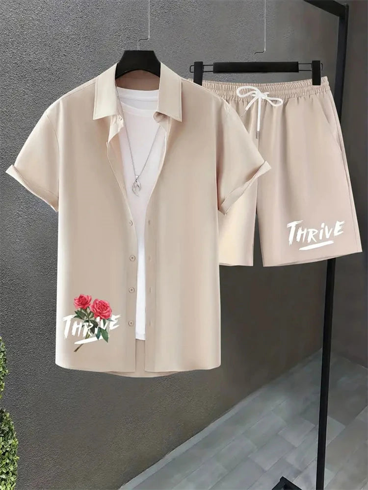 Men's Fashion Breathability Suit Hawaii Beach Holiday Suit Fallow Men's Shirt Short Sleeve Shorts 2 Piece Set