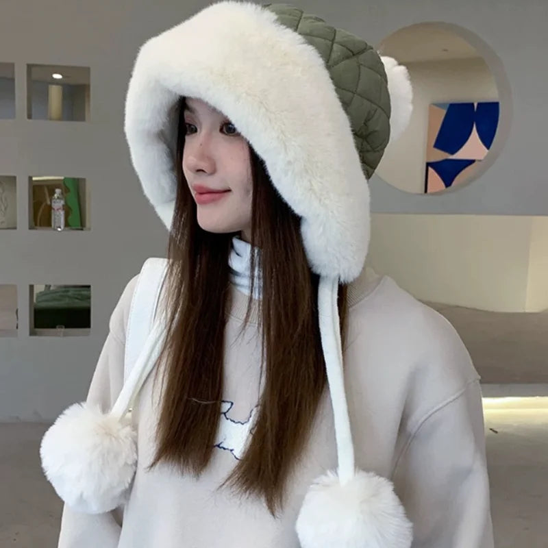 2024 Winter Women's Thickened Warm Knit Hat Ear Protection Plush Warm Cotton Cold Cap Breathable Fashionable Outdoor Wear
