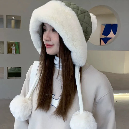 2024 Winter Women's Thickened Warm Knit Hat Ear Protection Plush Warm Cotton Cold Cap Breathable Fashionable Outdoor Wear