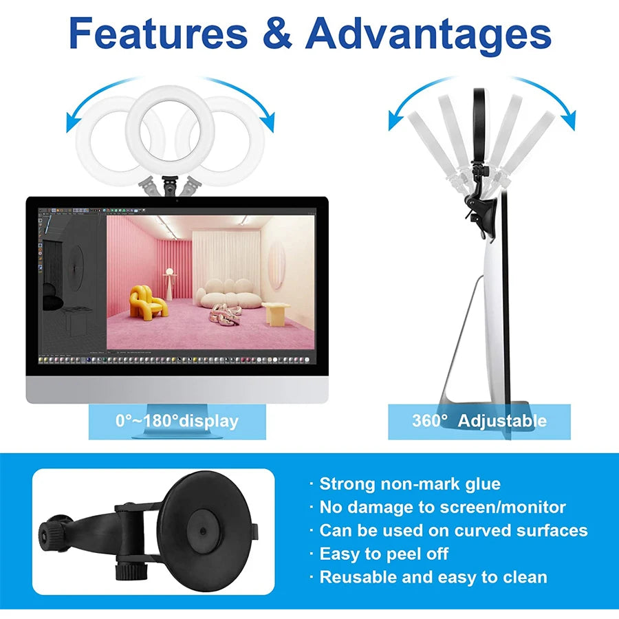 16cm Ring Light for Zoom Meetings, Laptop Ring Light with Tripod Stand, Ring Light with Suction Cup for Phone Computer Monitor