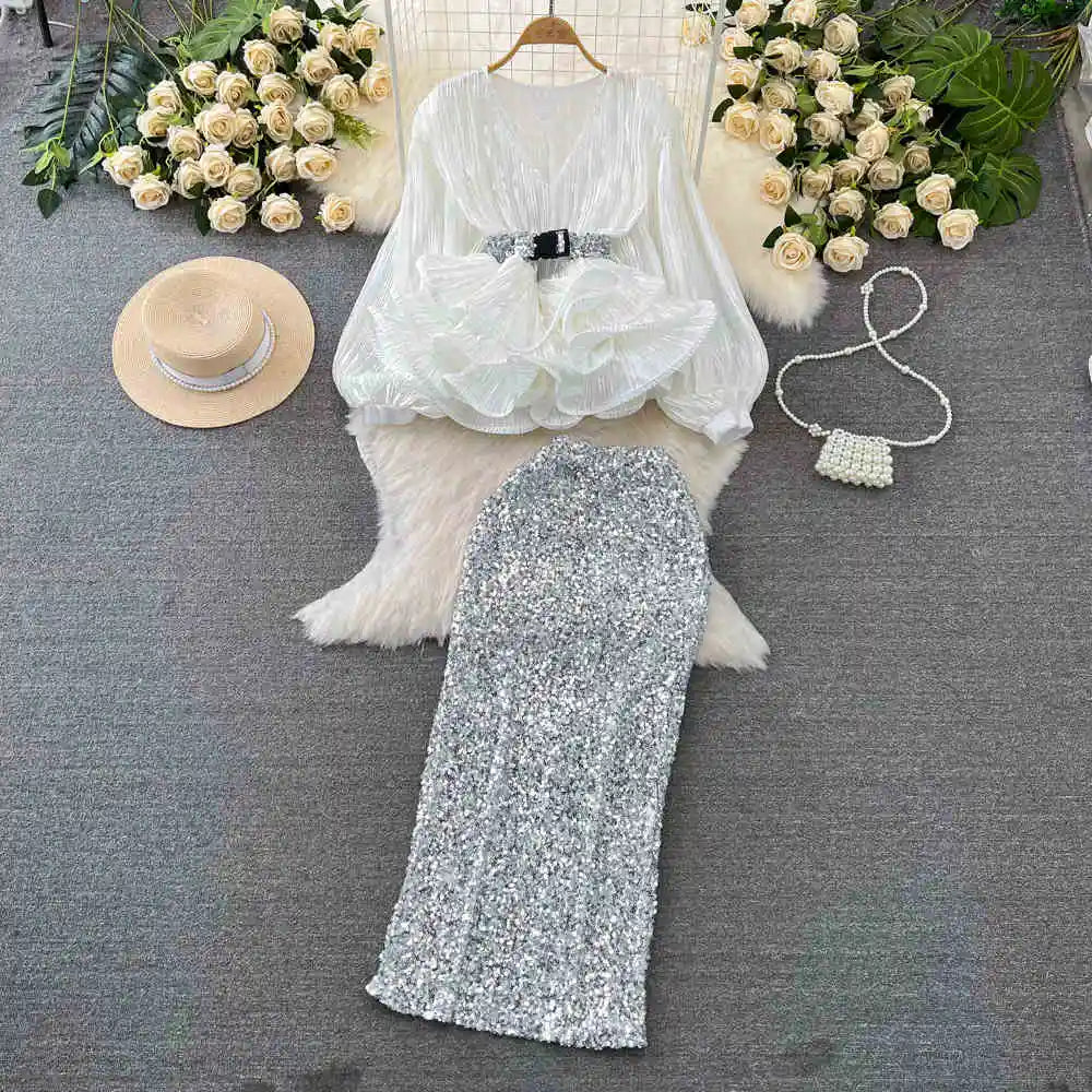 Fashion Blouse Skirts Set Women's Lantern Long Sleeve V-neck Ruffles Shirt High Waist Sequin Half Skirt for Party 2025 New