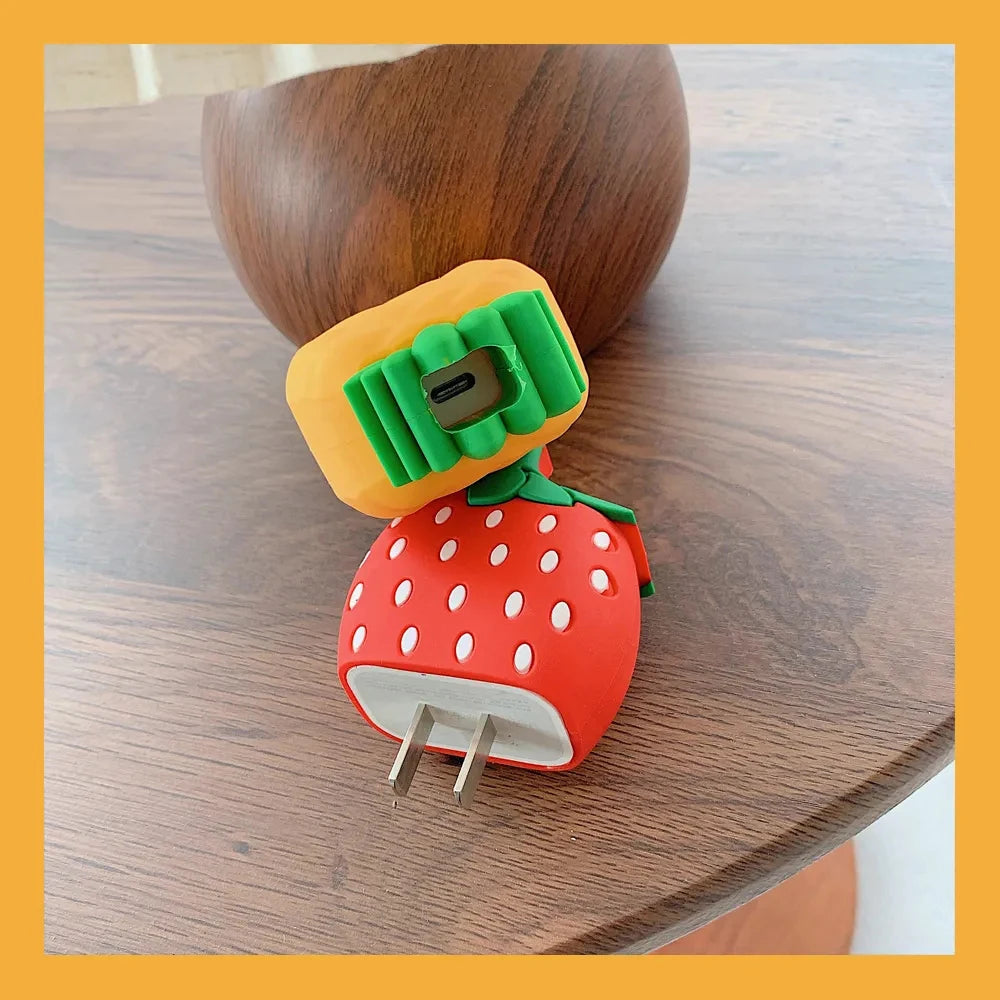 4pcs Strawberry Pineapple 3D Charger Protective Case For iPhone 18W 20W Fast Charge Protection Cover Cable Winder Accessories