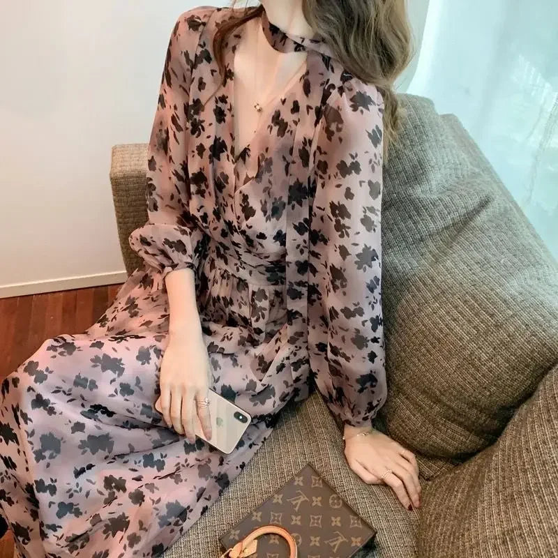 Women's Dress Chiffon Female Dresses Beach Flower Loose Silk Floral Satin 2024 Fashion Summer Curvy Clothes Harajuku Outfits Hot