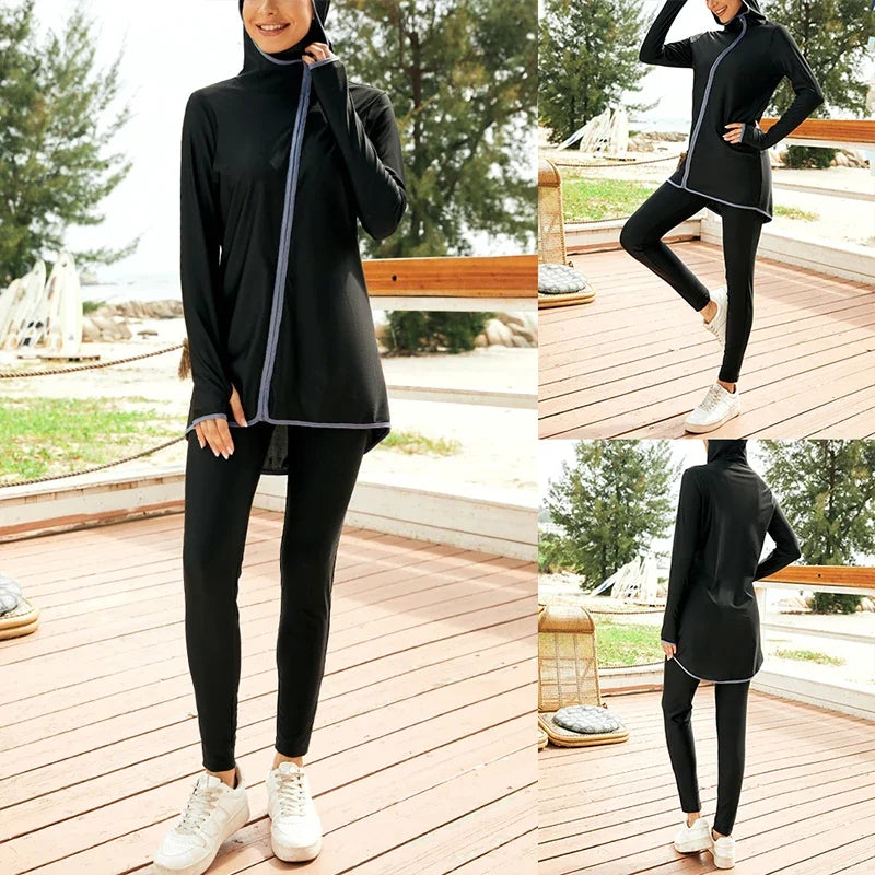 2 Piece Burkini Muslim Swimwear Black Full Cover Sets Modest Bathing Swimsuit Arab Islamic Beach Wear Plain Woman Summer Outfits