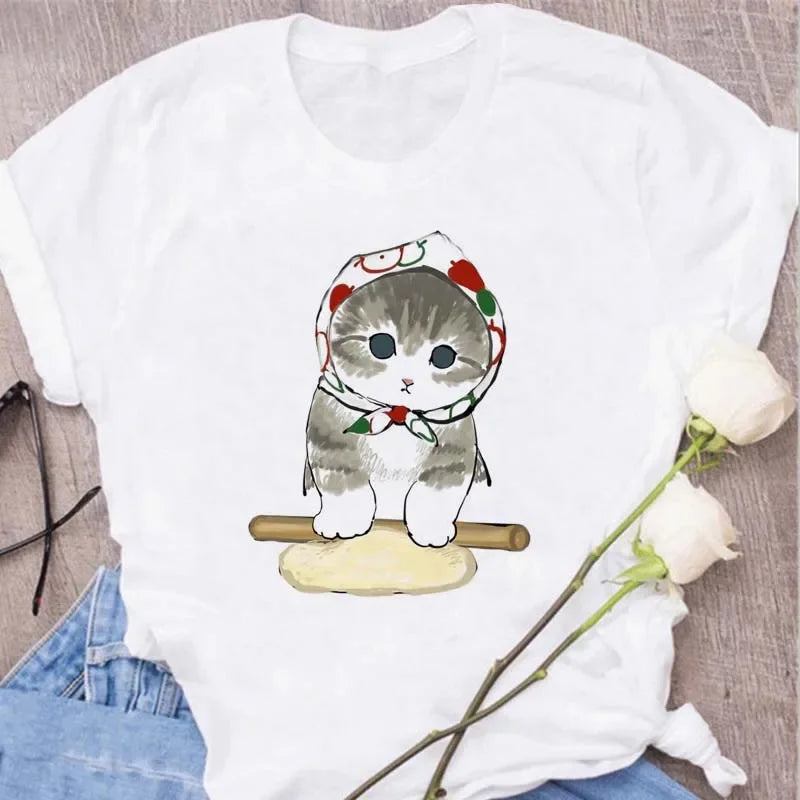 Cute Cats Printing Women T-shirts New Kawaii Women's Tops Fashion Women Clothing Funny Korean Style Creative Casual Clothes Tees