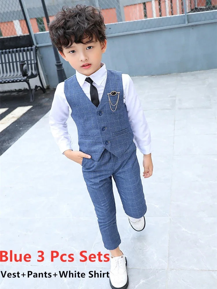 Boy Plaid Vest Blazer Kids Waistcoat Wedding Clothes Set Toddler Formal Dress Suit Child Brooch Shirt Pant Baby Gentlemen Outfit