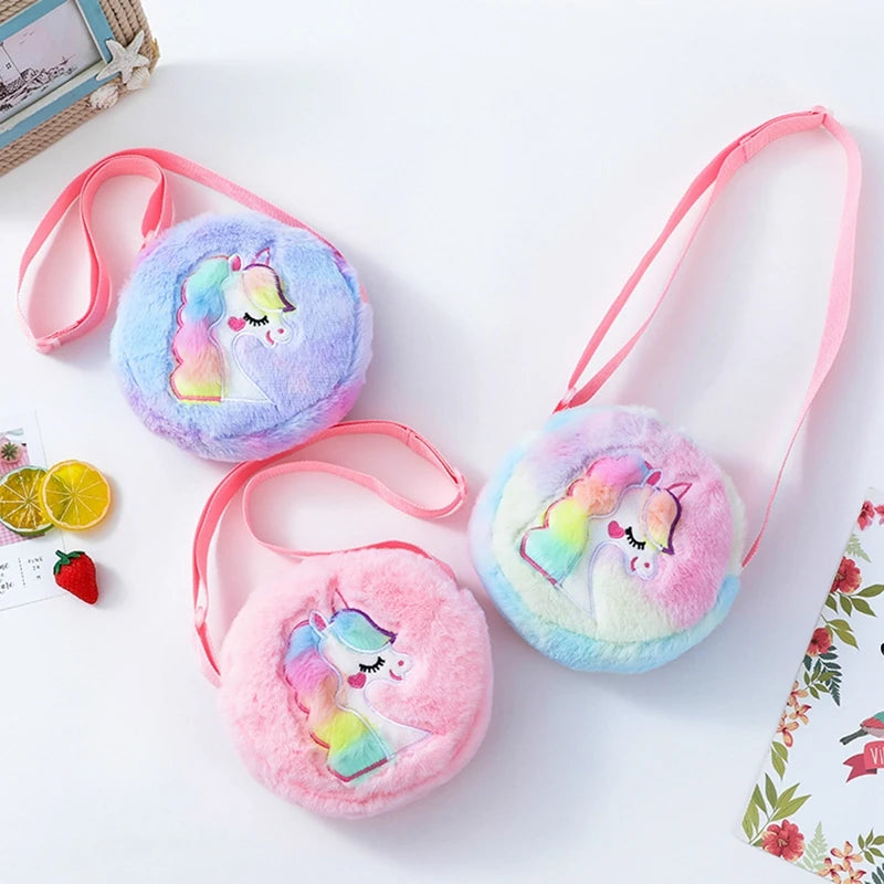 Animal Embroidery Handbags Tie Dye Unicorn Plush Crossbody Bags Winter Furry Shoulder Purse Kids Cartoon Study Tools Wallets