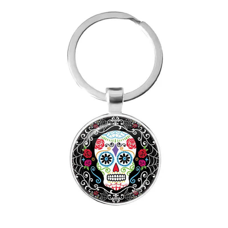 Fashion Colorful Sugar Skull Keychain Mexico Folk Art Patterns Glass Pendant Key Chain Jewelry Holiday Gift