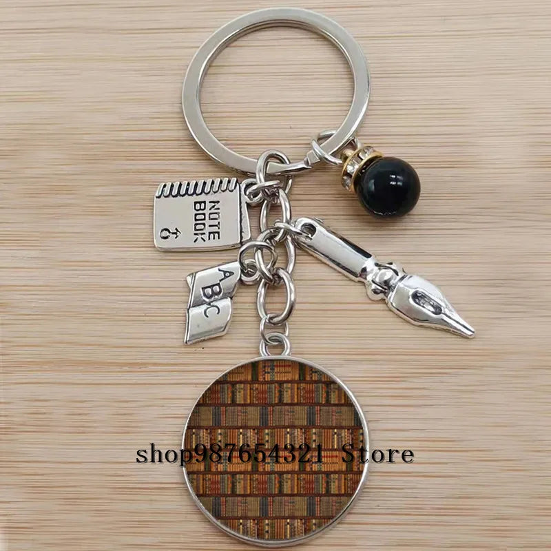 Classic Library Books Keychain Vintage Old Books Key Chain Librarians Key Ring Gift for Nerd Bookworm Writer Teacher