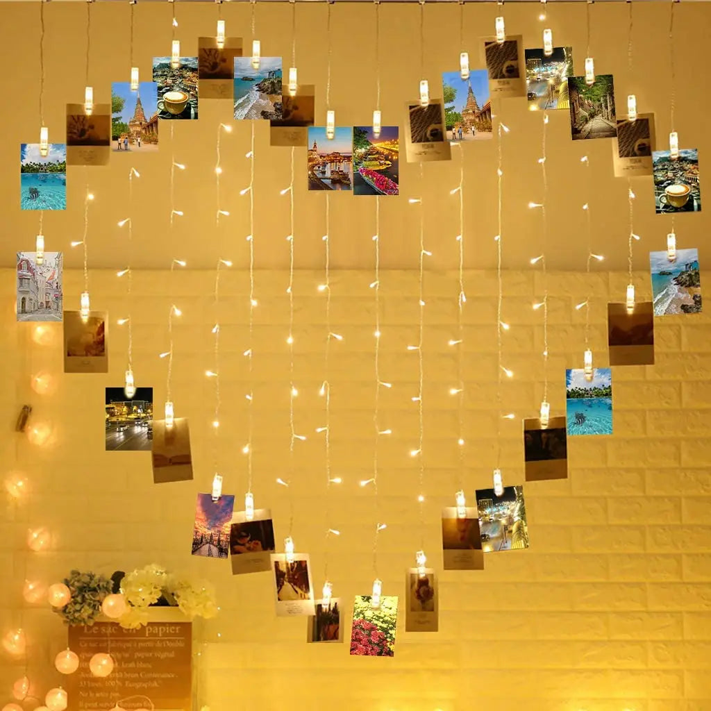 Led Heart String Lights For Room Heart Curtain Light With Photo Clip Butterfly Ornaments Valentine Wedding Decorations 2mX1.5m