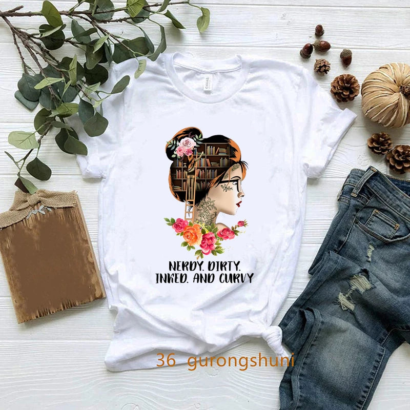 New Nerdy Dirty Inked And Curvy T-Shirt Melanin Black Queen Loves Books T Shirt Women Clothes Short Sleeve 90s Tees Summer Tops