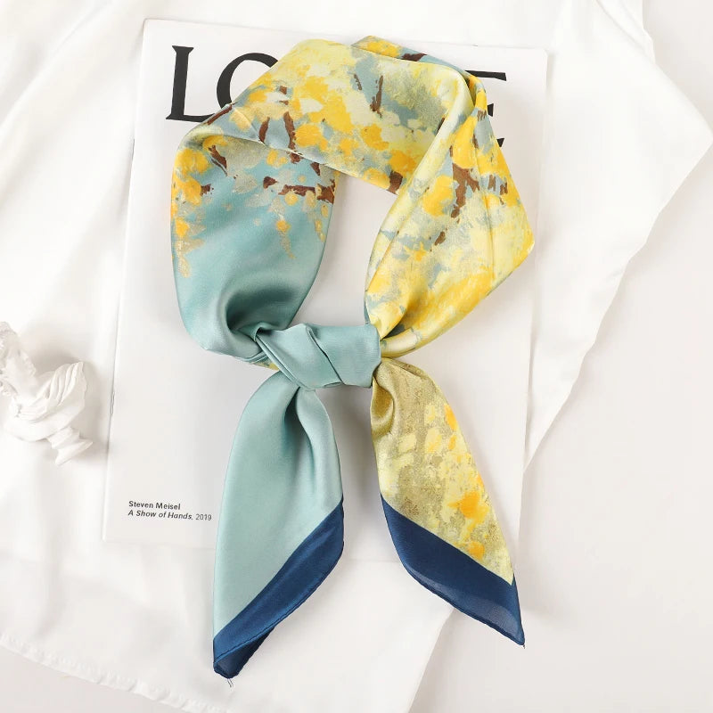 Luxury Brand 2023 Silk Square Scarf Women Cat Neck Hair Tie Band Beach Hijab Kerchief Head Headbands Bandana Female Foulard 70cm