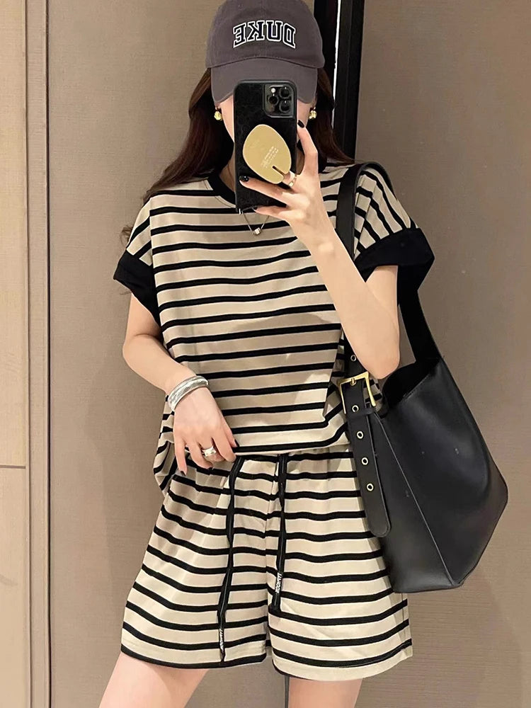 Fashion Striped Short Sleeved T Shirts Shorts 2 Piece Sets Women Outfit Summer 2024 New Casual Sports Loose Tops Pants Tracksuit
