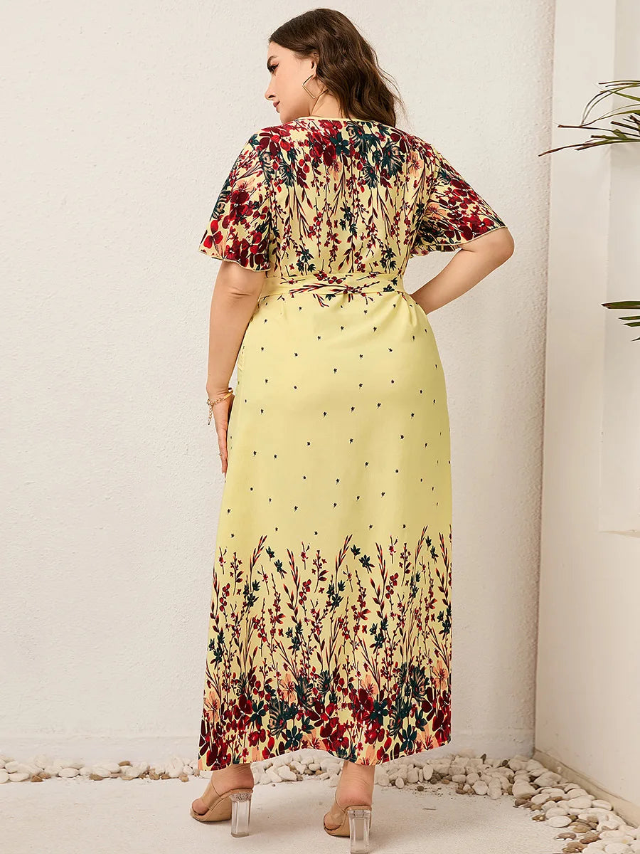 2025 Casual V-Neck Print Plus Size Dress Women Short Sleeve Lace-Up Large Midi Dress Lady Trendy Chubby Curvy Pleated Long Dress