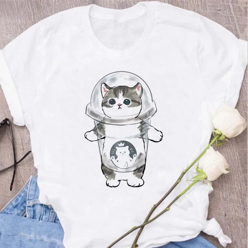 Cute Cats Printing Women T-shirts New Kawaii Women's Tops Fashion Women Clothing Funny Korean Style Creative Casual Clothes Tees