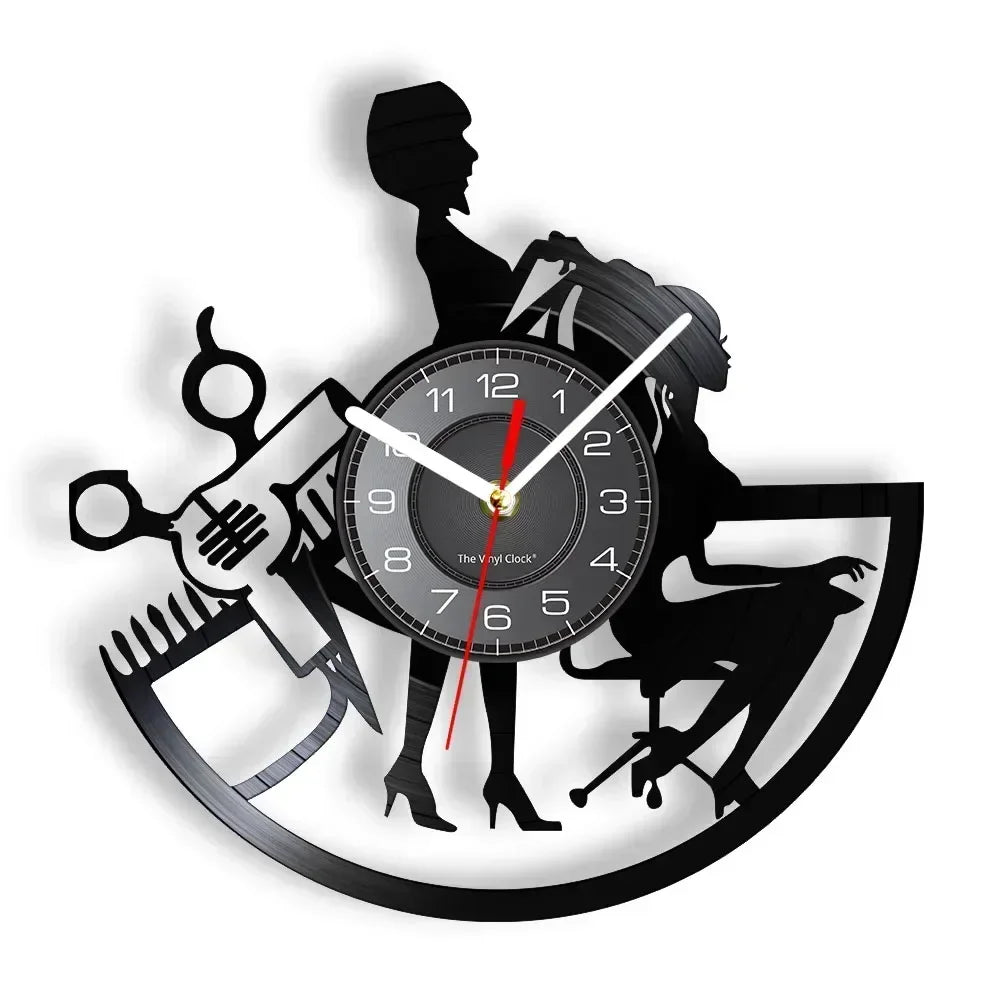 Barber Shop Sign Silent Haircutting Wall Clock Hairdressing Beauty Salon Design Vinyl Record Clock Watch Barber Shop Wall Decor