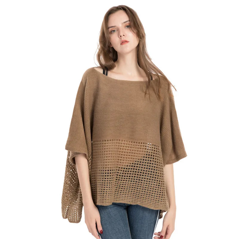 Women Spring Autumn Shawl Lady Knit T-shirt Hollow Out Wrap Solid Color Pullover Loose Sweater Fall Poncho Wholesale Drop Ship