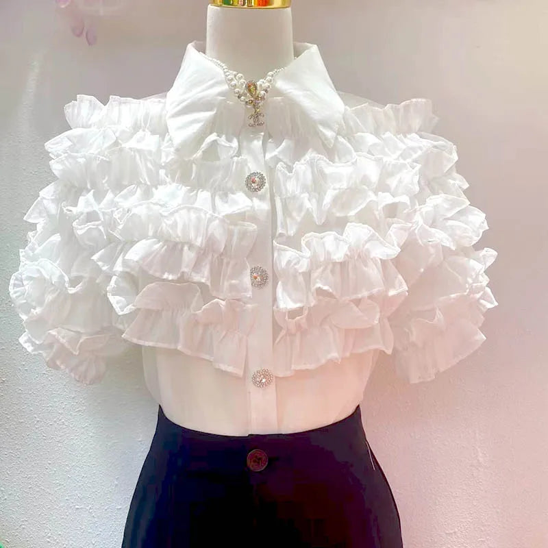 Women Elegant Chic French Beautiful Blouses 2023 Summe Ruff 3D Flower Short Sleeve Female Shirts and Blouse Top Free Clothing clothes