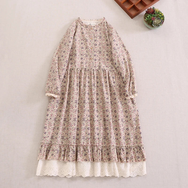 Japanese Fashion Print Dress Pretty Cotton Linen Spring Women New Floral Loose Long-sleeved Dress Midi Vestido de Mujer Clothes clothes