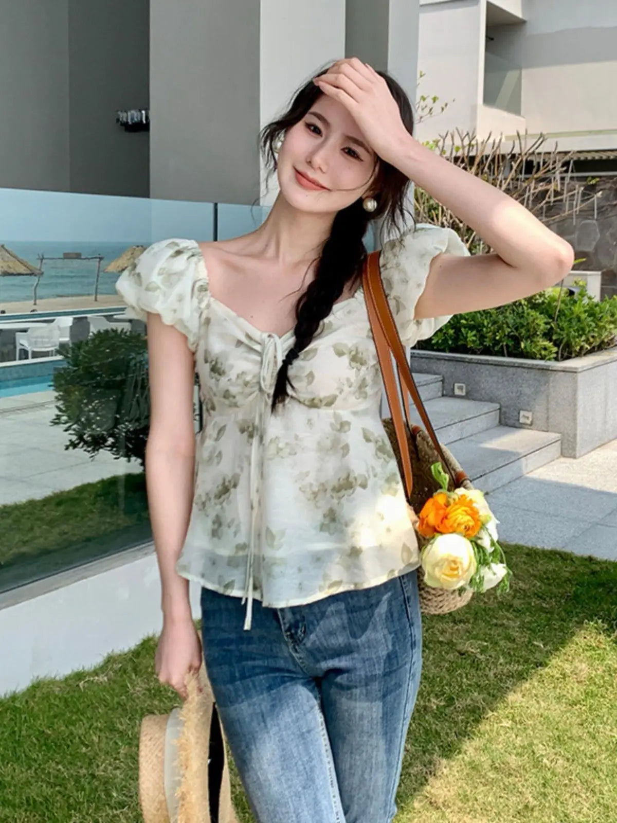 French short shirt, petite and high-end, pink floral bubble sleeved shirt, top, short sleeved women's summer shirt clothes
